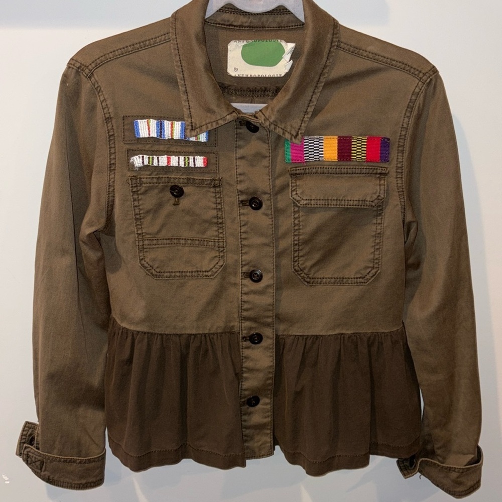 Anthropologie Military Peplem Embroidered/Beaded Jacket Size XSmall Olive Green - Picture 6 of 14